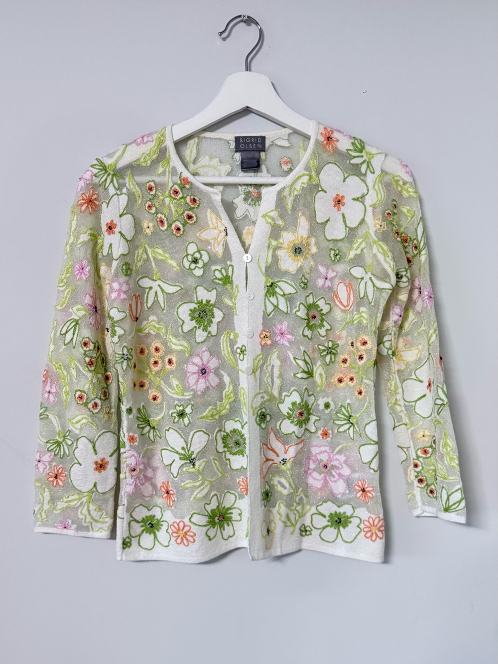Vintage Y2K Sigrid Olsen embroidered mesh cardigan sweater Women XS Floral